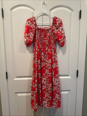 Red Floral Smocked Midi Dress - Women